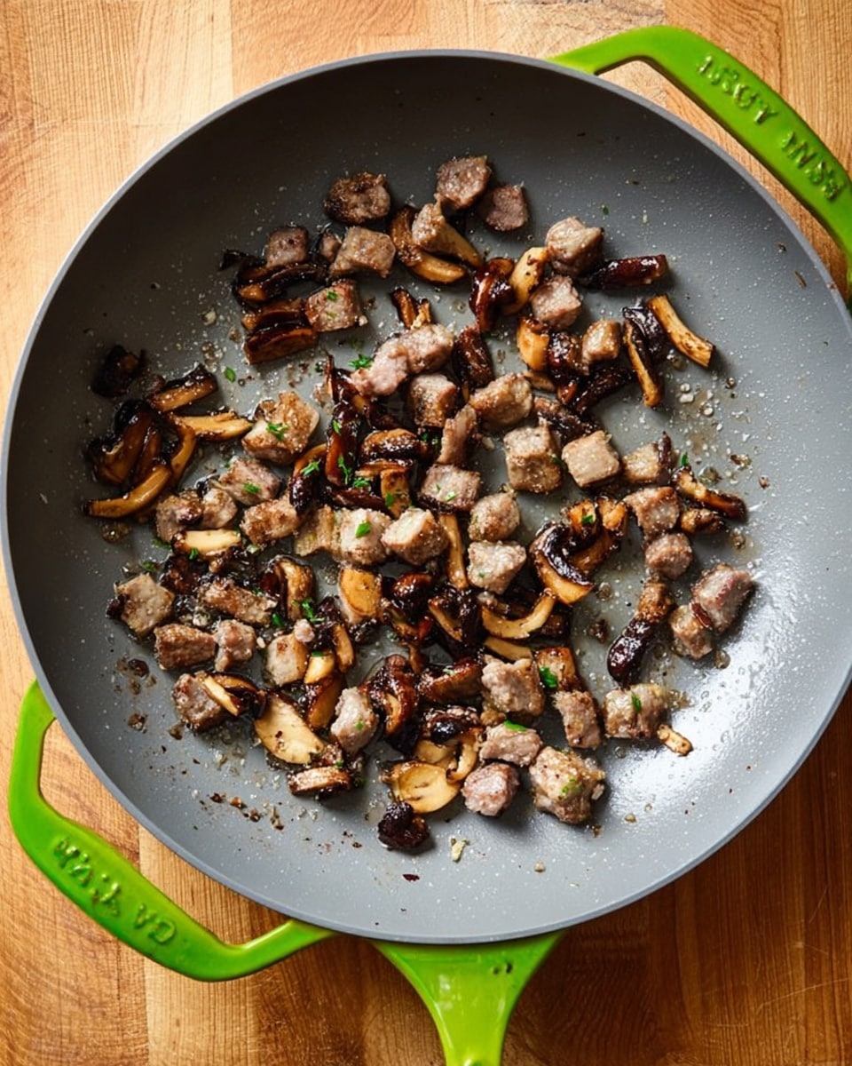 A gray frying pan with green handles holds small, lightly browned pieces of cooked meat mixed with chopped mushrooms that vary in shades of beige and dark brown. The ingredients are scattered unevenly across the pan's surface, with some areas showing more browning and slight oil sheen. The pan rests on a wooden table, which should be visualized as a white marbled texture. photo taken with an iphone --ar 4:5 --v 7