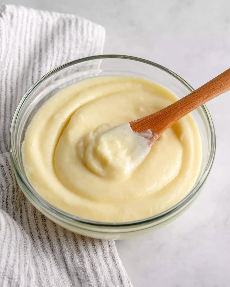 A clear glass bowl filled with a smooth, thick, pale yellow cream that has a shiny and soft texture. A wooden spoon is placed inside the bowl, partially dipped in the cream with a bit of cream clinging to the spoon's edge. The bowl rests on a white marbled surface with a striped white and light gray cloth in the background. The cream appears even and well-mixed without lumps or bubbles. photo taken with an iphone --ar 4:5 --v 7