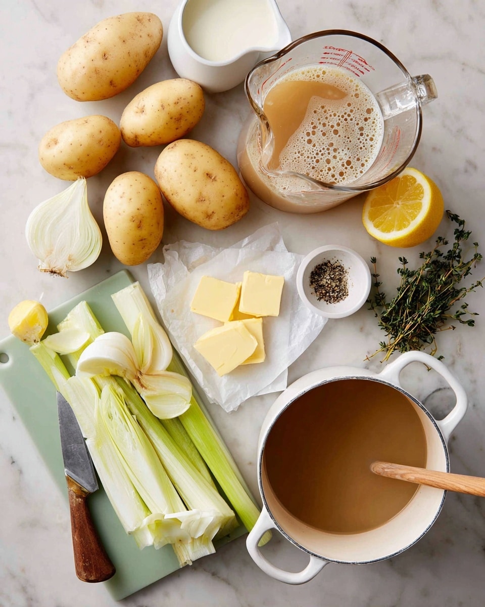 The image shows fresh ingredients laid out on a white marbled surface. On the right side, there is a bunch of long green leeks tied together with a yellow band, next to five light brown potatoes scattered nearby. A small white garlic bulb and a couple of green thyme sprigs sit close to the potatoes. On the left side, arranged vertically, there is a large clear glass measuring cup filled with light green broth at the bottom, above it a smaller clear glass cup with white milk, a small block of butter, a small bowl of grated cheese, and a clear glass filled with a yellow liquid at the top. The scene is well-lit, showing natural colors and textures of the ingredients. Photo taken with an iphone --ar 4:5 --v 7