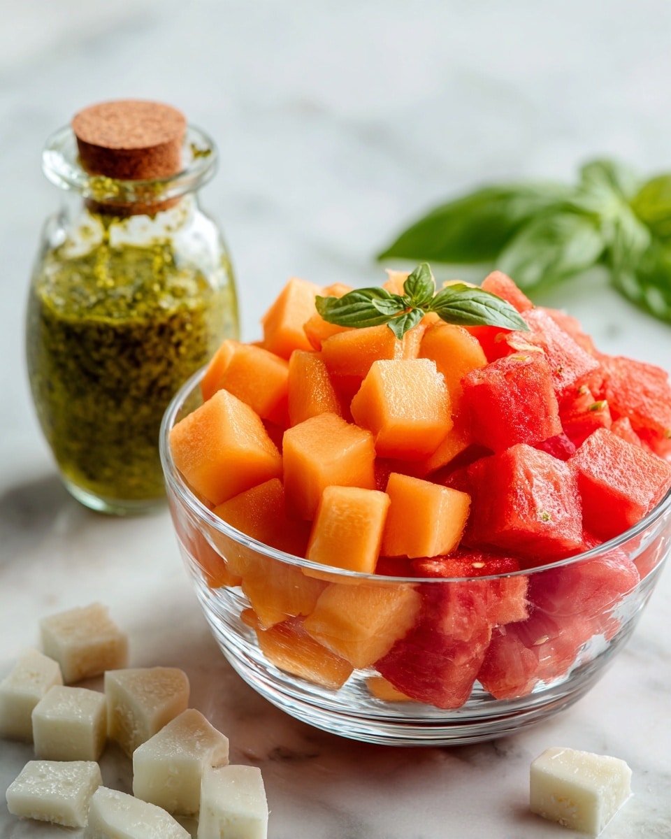 A clear glass bowl filled with two layers of cubed fruit, the bottom layer is bright red watermelon chunks, topped with orange cantaloupe cubes, all showing a juicy texture. Behind the bowl, on a white marbled surface, there is a small glass container filled with green pesto sauce sealed with a cork, green basil leaves beside it, and small white cheese cubes scattered around. photo taken with an iphone --ar 4:5 --v 7