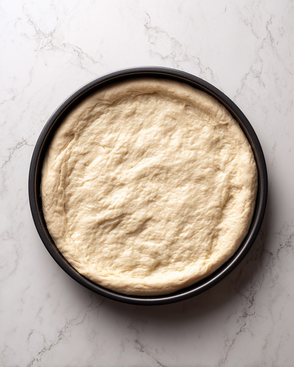 A thin, even layer of pale beige pizza dough is stretched out flat on a round black pizza pan, the dough has soft wrinkles and a smooth texture with slightly uneven edges, placed on a white marbled surface seen from above, creating a simple and clean look photo taken with an iphone --ar 4:5 --v 7