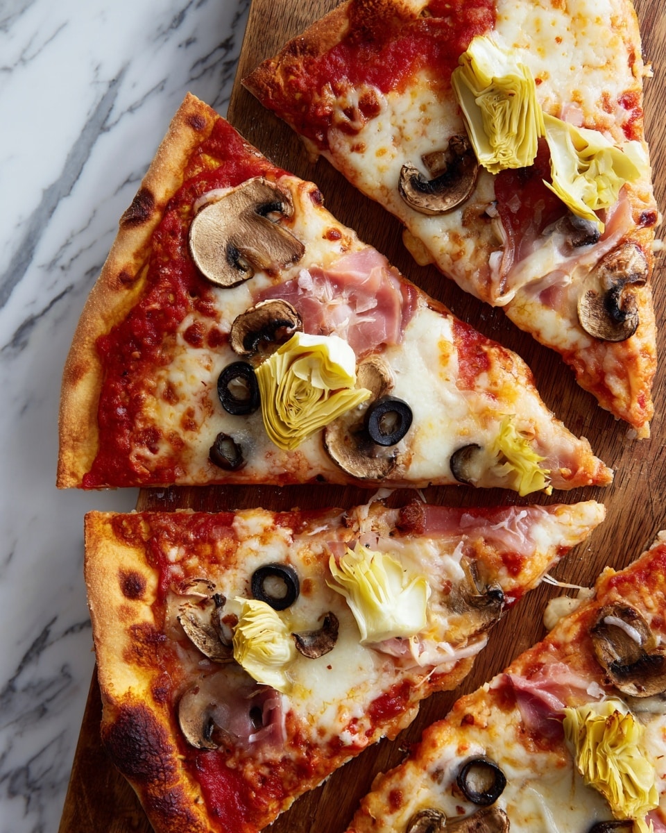A close-up of three pizza slices on a brown wooden board set on a white marbled surface. The pizza has a thick, slightly burnt golden-brown crust with visible soft texture. The first layer is a bright red tomato sauce spread unevenly on the dough, topped with white melted cheese that has some golden-brown spots. The pizza is decorated with thinly sliced beige mushrooms, dark black olive rings, small pieces of pink ham, and pale yellow artichoke hearts with grill marks, placed randomly on each slice. The photo taken with an iphone --ar 4:5 --v 7