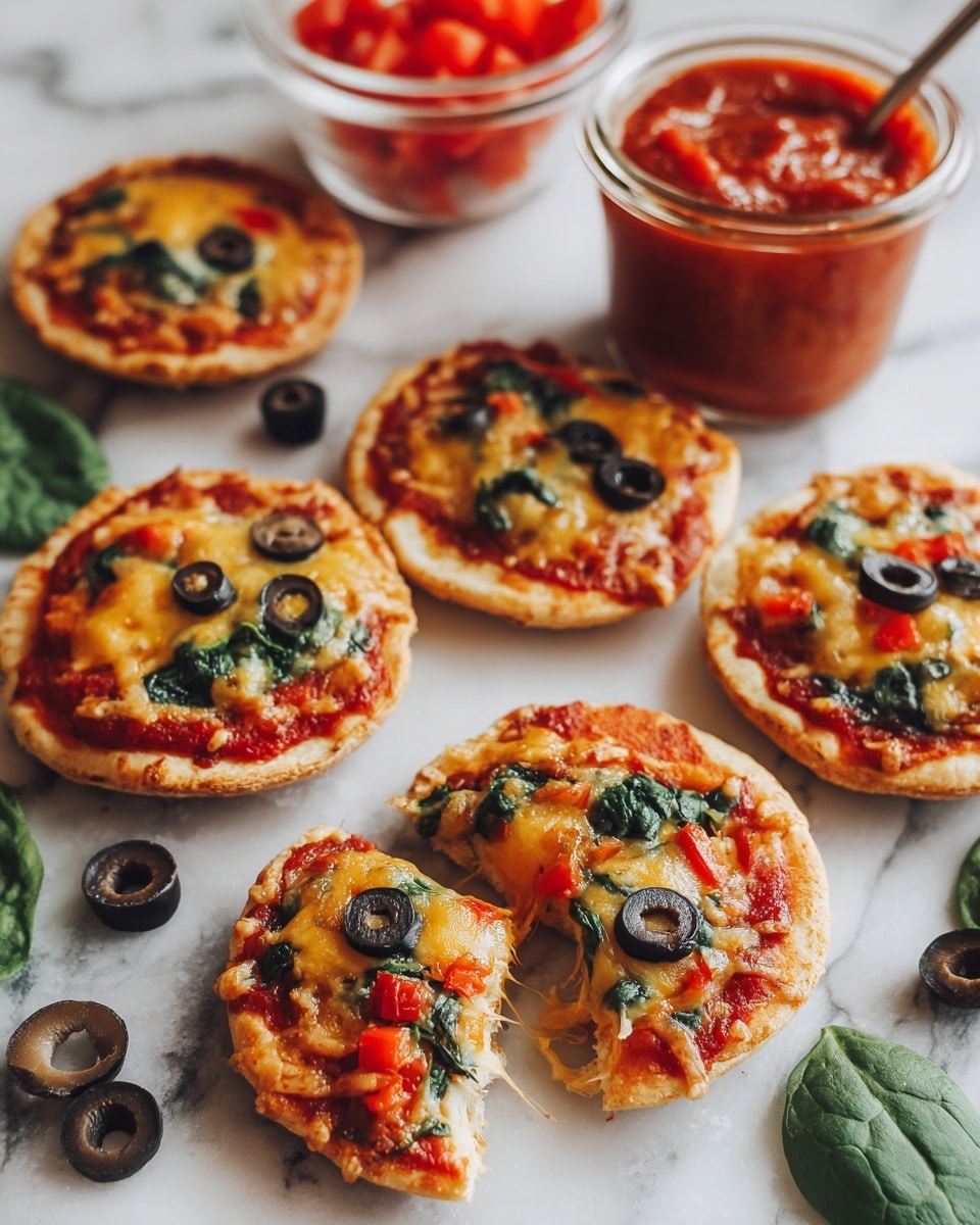The image shows five small round mini pizzas on a white marbled surface, each with a toasted brown base. Each pizza has a red tomato sauce layer topped with melted yellowish cheese, green spinach leaves, black olive slices, and small pieces of red bell pepper. One pizza has a bite taken out of it, showing the soft inside of the toasted base. Around the mini pizzas, there are clear containers with red diced tomatoes, whole green spinach leaves, black olive slices, and a container of thick red tomato sauce. photo taken with an iphone --ar 4:5 --v 7