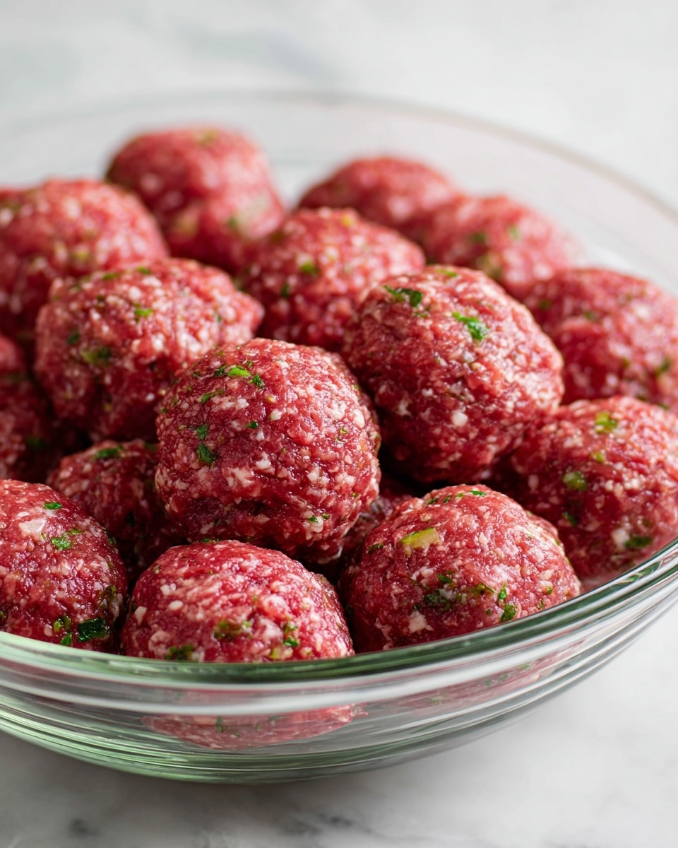 The image shows many round, raw meatballs placed close to each other in a clear glass dish. Each meatball has a rough, slightly uneven texture with small green herb bits scattered inside. The meatballs are deep red, showing fresh ground meat mixed with herbs. They fill the dish in several neat rows, with no other food or decoration visible. The dish rests on a white marbled surface. photo taken with an iphone --ar 4:5 --v 7