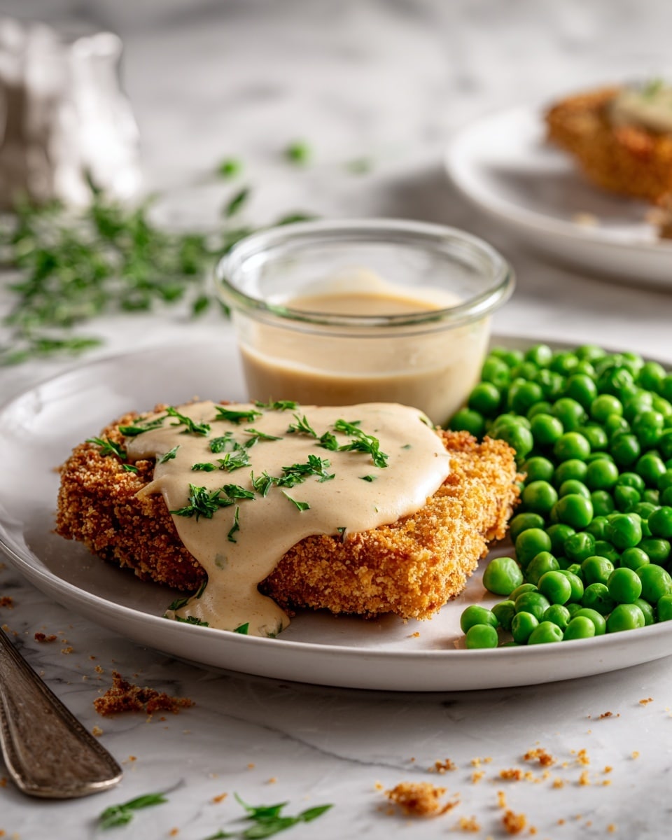 A white plate on a white marbled surface holds a fried, golden-brown breaded square patty topped with a smooth light beige sauce and sprinkled with chopped green herbs. Next to it is a pile of bright green peas arranged in a crescent shape. To the right, there is a small glass filled with the same light beige sauce. On the plate, a small sliced piece of the patty reveals its soft inside with a crumbly outside. A small silver knife rests on a wooden board under the plate. Photo taken with an iphone --ar 4:5 --v 7