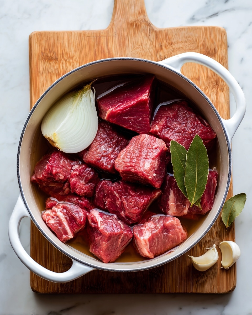 A white pot filled with large pieces of raw red meat submerged in water, with a half white onion on the left side, three whole bay leaves scattered on top, and two cloves of garlic near the bottom right. The meat pieces are thick and show a solid texture. The pot is placed on a wooden cutting board, and the background is a white marbled surface. Photo taken with an iphone --ar 4:5 --v 7