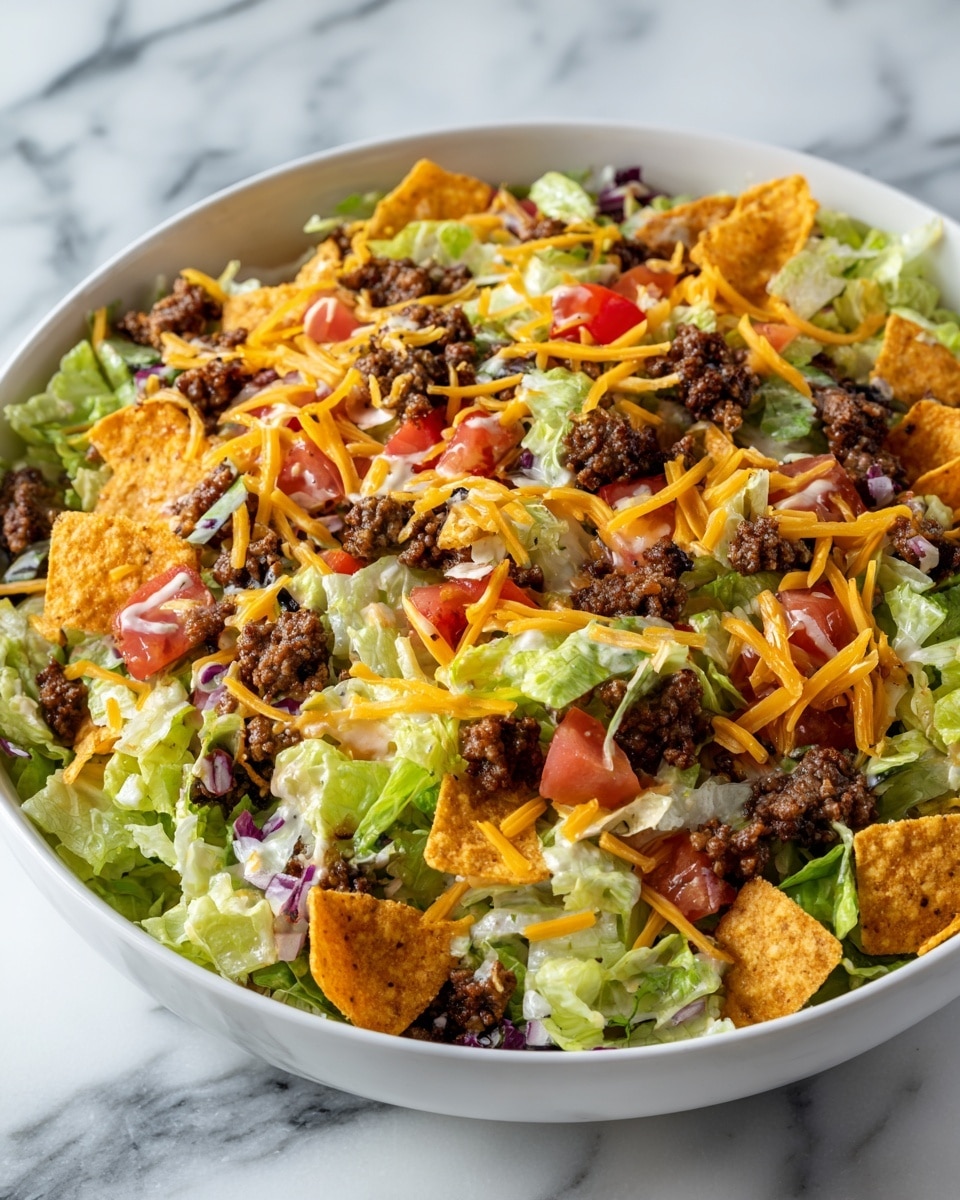 A large white bowl filled with a colorful taco salad sits on a white marbled surface. The salad shows several layers with chopped pale green lettuce as the base, mixed with chunks of dark brown cooked ground meat scattered evenly. Bright red diced tomatoes and shredded orange cheddar cheese are spread throughout, along with crushed orange and red tortilla chips that add texture. The colors blend vibrantly, with a light dressing or sauce lightly coating the layers. photo taken with an iphone --ar 4:5 --v 7
