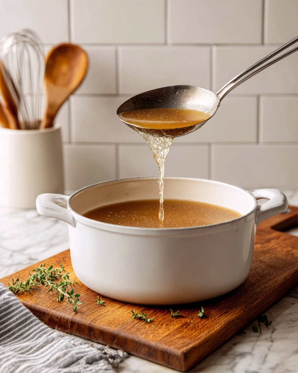 A white pot filled with light brown clear broth sits on a wooden cutting board with small green herbs scattered around. Above the pot, a long-handled shiny metal ladle slowly pours the broth back into the pot, showing a stream of liquid in mid-air. In the background, white tiled wall is visible with a white ceramic container holding wooden spoons and a metal whisk. At the lower corner, a folded striped gray and white cloth is placed on a white marbled surface photo taken with an iphone --ar 4:5 --v 7