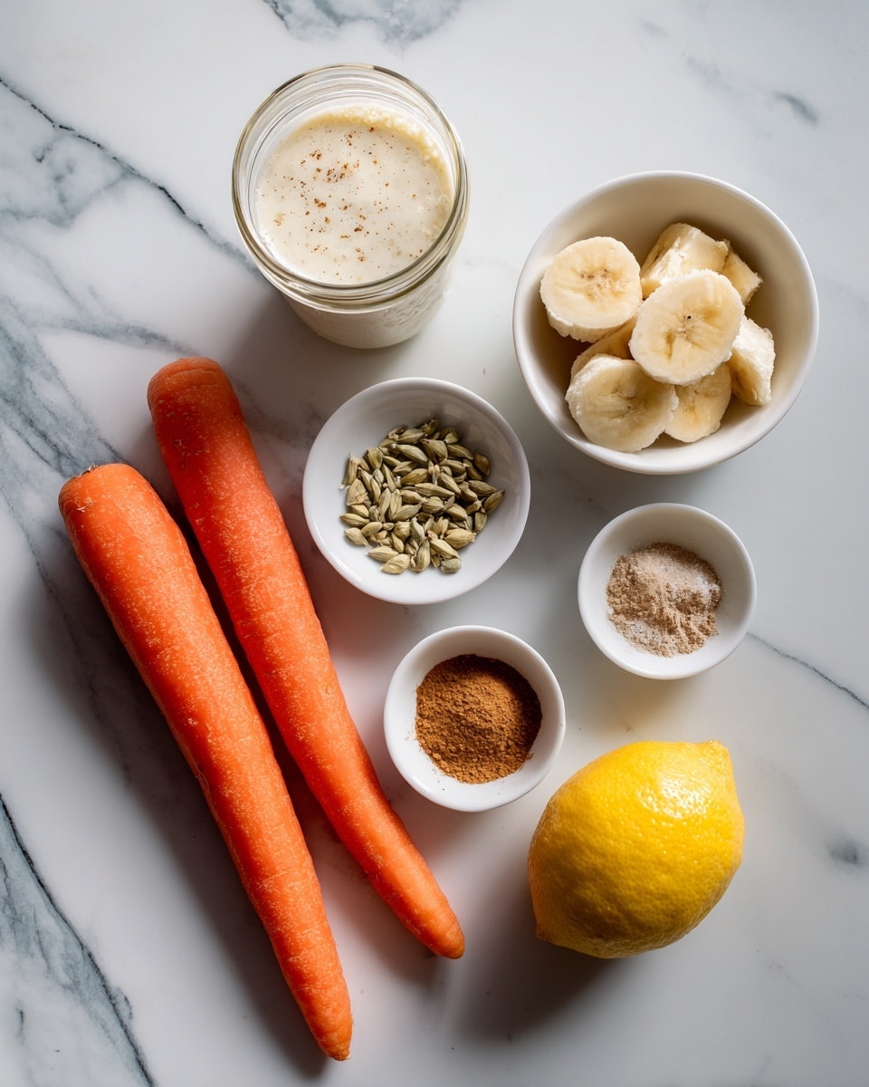 The image shows ingredients placed on a white marbled surface, including three long bright orange carrots on the left, a whole yellow lemon at the bottom right, and a small white bowl near the center filled with light green seeds. Above the seeds is a white bowl with several frozen light yellow and brownish banana pieces. To the right of the lemon is another small white bowl holding two small piles of cinnamon and nutmeg powder. At the top left corner, there is a glass jar filled with a creamy off-white liquid. photo taken with an iphone --ar 4:5 --v 7