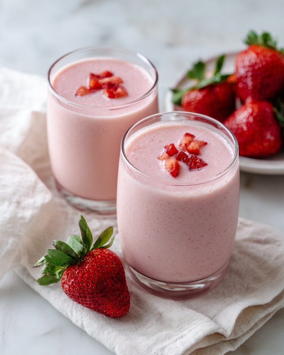 Two glasses filled with a smooth, light pink strawberry smoothie are placed on a white cloth over a white marbled surface. Each glass has small pieces of fresh red strawberries scattered on top of the smoothie. To the left of the glasses, a whole red strawberry with green leaves rests on the cloth, and in the upper right corner, part of a white plate holds several whole strawberries. Photo taken with an iphone --ar 4:5 --v 7