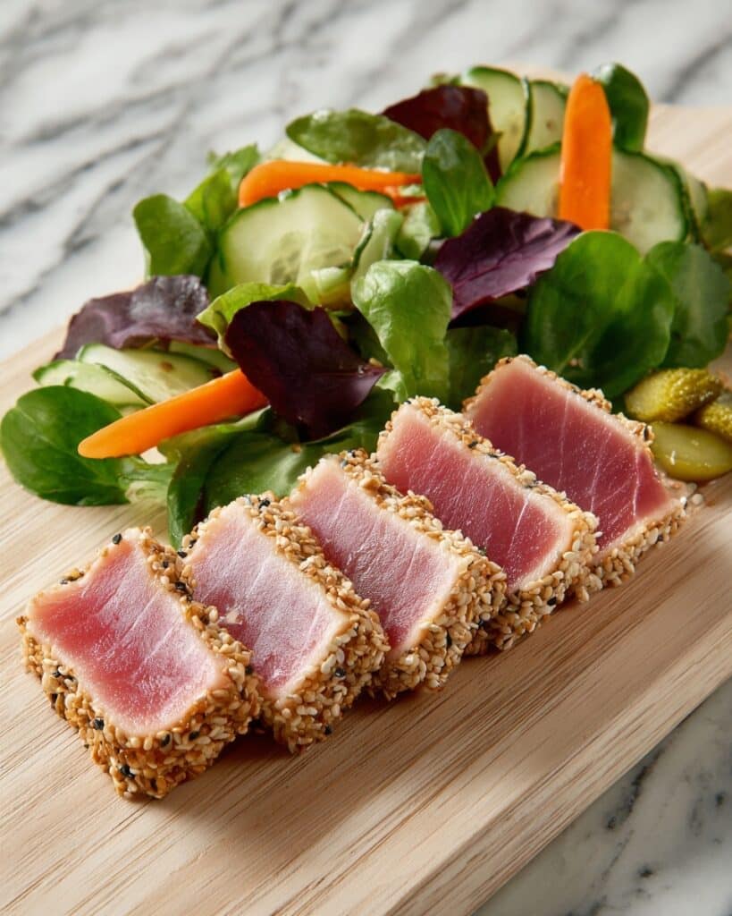 Ahi Tuna with Sesame Crust and Pickled Cucumber Salad Recipe