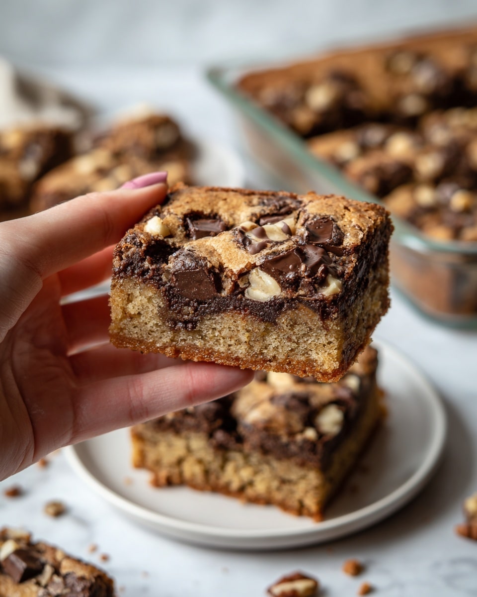 A close-up of a thick square piece of cookie bar held by a woman's hand showing a soft golden-brown base with large, dark brown chocolate chunks and lighter beige nut pieces embedded throughout. The bar has a textured, slightly crumbly top layer above a dense, moist middle layer. Behind the bar, there is a white marbled surface with more similar cookie bars placed on a white plate, and in the background is a large glass baking dish filled with more cookie bars. Scattered crumbs add a casual touch. The photo taken with an iphone --ar 4:5 --v 7