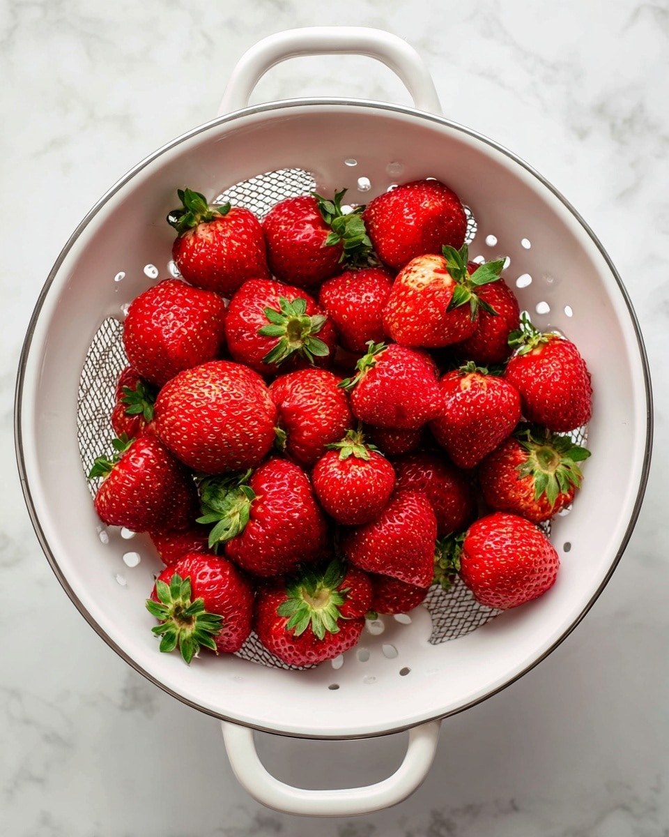 A white colander filled with about thirty bright red strawberries, some whole and some with the tops removed, showing their white inside. The strawberries are shiny with small seeds on their skin. The colander's mesh sides and handles are visible and the colander sits on a white marbled surface. The bright red color of the strawberries contrasts with the white colander and the light textured background photo taken with an iphone --ar 4:5 --v 7
