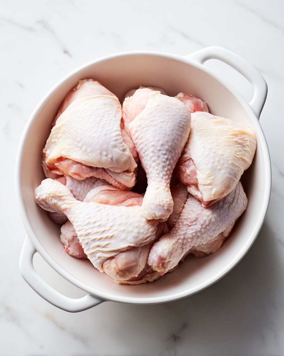 A white bowl filled with several raw chicken drumsticks and thighs. The chicken pieces are pale pink with patches of white skin showing some texture, and they are layered loosely in the bowl with some overlapping the others. The bowl has smooth handles and is placed on a white marbled surface, giving a clean and fresh look. photo taken with an iphone --ar 4:5 --v 7