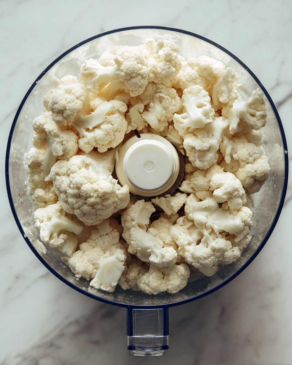 A clear glass bowl filled with many small and large pieces of white cauliflower, showing their rough and bumpy texture. The bowl has a white center part of a food processor visible, surrounded by the cauliflower pieces. The bowl is set on a white marbled surface. photo taken with an iphone --ar 4:5 --v 7