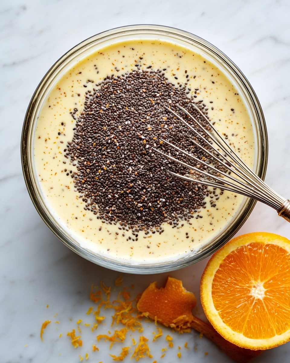 A clear glass bowl sits on a white marbled surface, filled about three-quarters with a creamy light yellow mixture speckled with orange zest on the sides. On top of the mixture is a thick pile of small, dark brown chia seeds covering the center. A small metal whisk with thin wires rests inside the bowl on the right side, partly buried in the seeds. In the lower right corner, there is a bright orange half showing its juicy inside, and an orange peeler grater with orange zest scattered on the white marbled surface sits diagonally in the background. Photo taken with an iphone --ar 4:5 --v 7