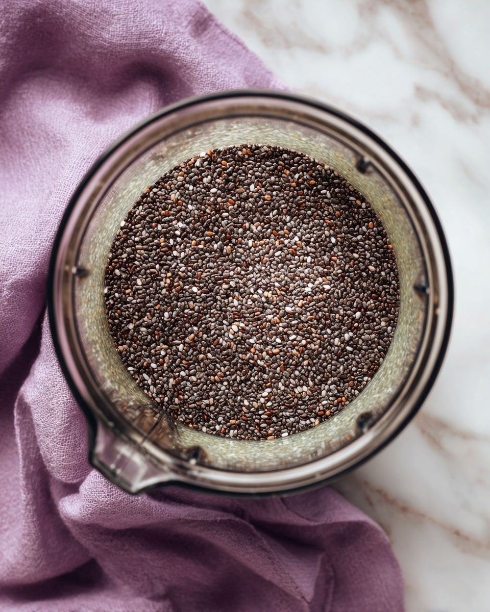 This image shows a close-up top view inside a clear blender container filled with a single layer of small, shiny black chia seeds spread evenly over a layer of light green liquid at the bottom. The blender rests on a white marbled surface with a soft, purple cloth partially visible underneath. Photo taken with an iphone --ar 4:5 --v 7