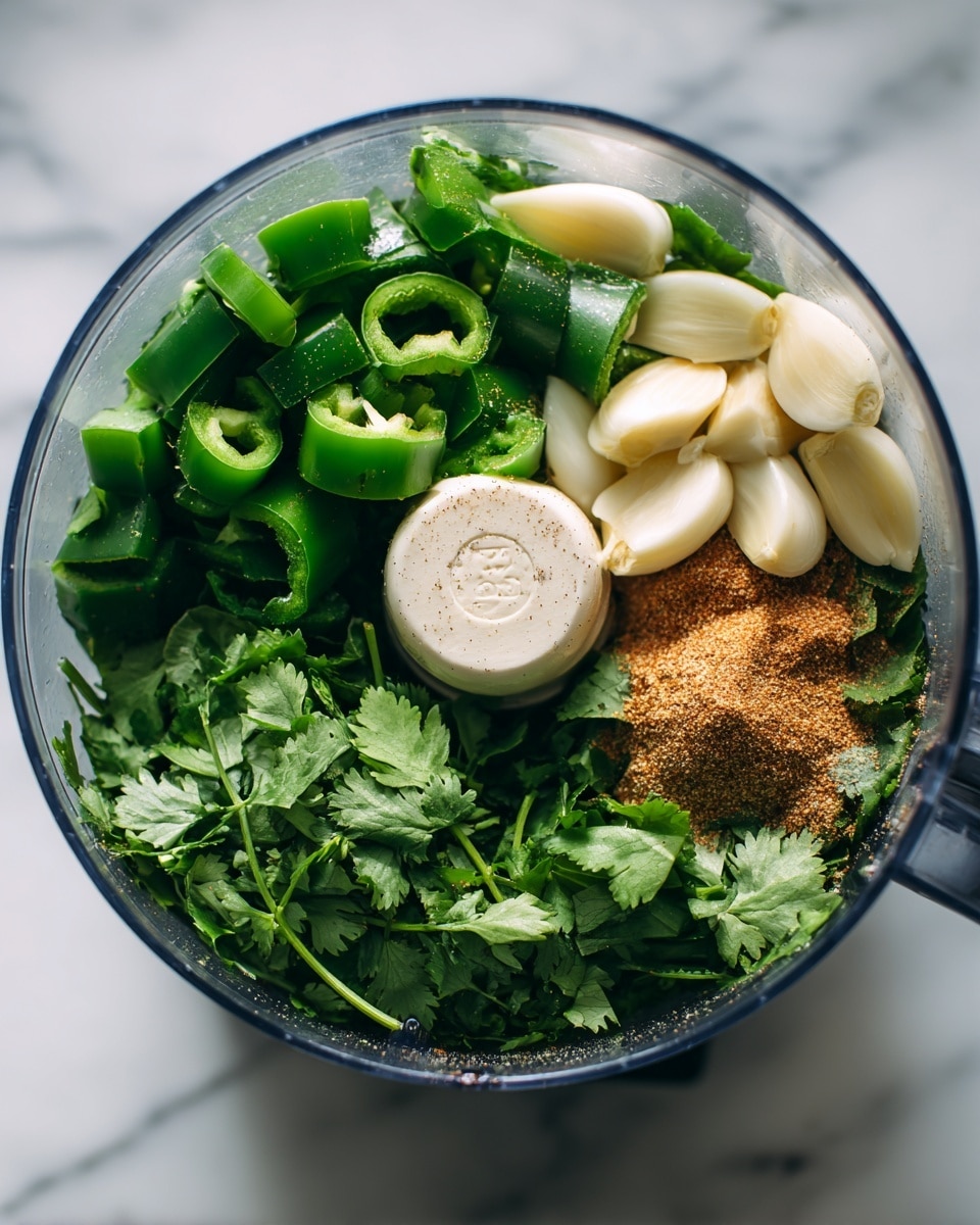 The image shows a top view of a food processor bowl filled with green ingredients layered inside. The bottom layer is fresh green cilantro leaves covering most of the bowl. On top of the cilantro, there are cut green chili pieces scattered mostly on the left and front side. Several peeled garlic cloves are placed on the right side over the cilantro. A pile of light brown powder seasoning is sprinkled in a line near the top edge of the bowl. The clear plastic bowl sits on a white marbled surface, and a woman's hand is not visible, but the image has a clean and fresh look. Photo taken with an iphone --ar 4:5 --v 7