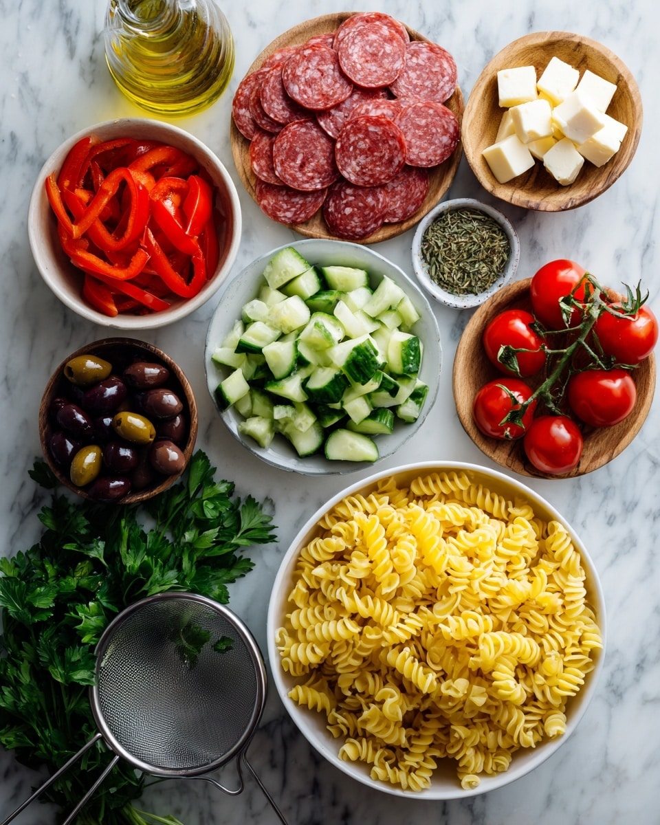 The image shows a variety of fresh ingredients laid out on a white marbled surface. On the bottom right, there is a white bowl filled with yellow spiral pasta. To the left of the pasta, there are long green bell pepper slices and chopped red bell pepper pieces. Above the red bell pepper, diced cucumber pieces form a green pile. Above the cucumbers, thin slices of red salami are arranged in overlapping layers. To the right of the salami, a cluster of bright red cherry tomatoes on the vine sits next to a small bowl of dried herbs, a chunk of light yellow cheese, and white cheese cubes in a wooden bowl. On the far left, a metal strainer contains small dark brown olives. Fresh green parsley fills the bottom left corner. A bottle of green olive oil is partially visible near the top left. All items are placed close to each other on the white marbled surface. Photo taken with an iphone --ar 4:5 --v 7