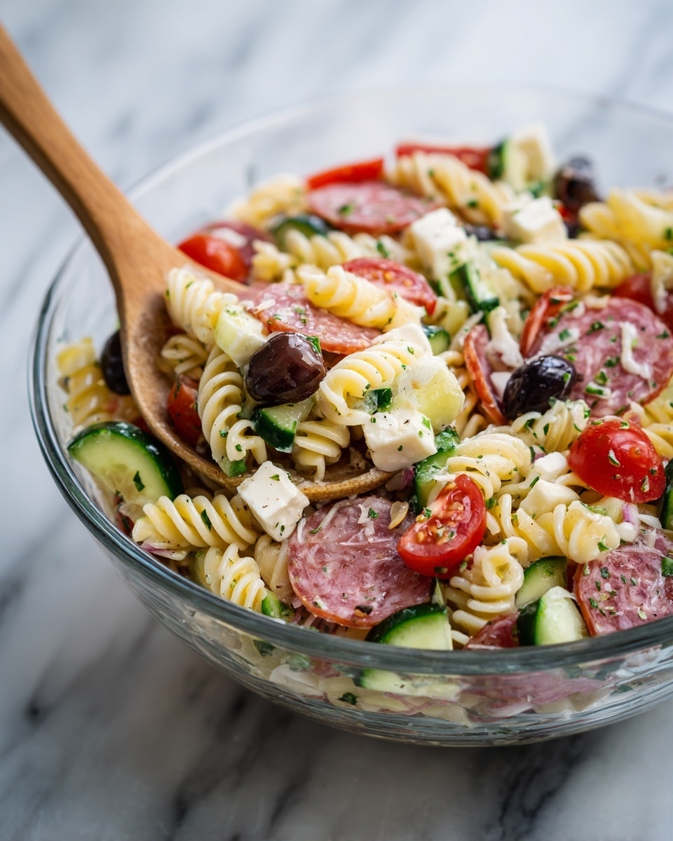 A clear glass bowl filled with a colorful pasta salad sits on a white marbled surface. The salad has several layers: the base is light yellow spiral pasta, mixed with chopped green cucumber pieces and slices of dark brown olives. Scattered on top are bright red halved cherry tomatoes and small white cubes of cheese with green herbs sprinkled throughout. There are also thin slices of light pink salami evenly spread among the ingredients. A wooden spoon is partially buried in the salad, lifting some of the mix. The image is bright and crisp, showing fresh textures and vibrant colors. Photo taken with an iphone --ar 4:5 --v 7