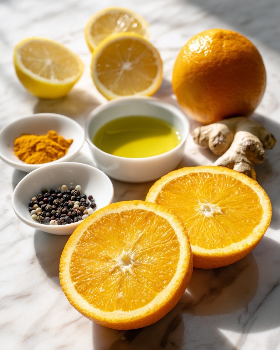 The image shows a collection of fresh ingredients arranged on a white marbled surface. In the foreground, there are two large orange halves with bright orange flesh and white pith, while behind them to the right is a whole orange with a smooth textured peel. To the left, there are three lemon halves, each showing a vibrant yellow interior and smooth peel. In the middle, four small white bowls hold different ingredients: one bowl contains light green olive oil, another has small chunks of fresh beige ginger root with brown skin, the third has a bright orange powder (likely turmeric), and the last bowl contains black and white peppercorns. The ingredients are neatly displayed with natural lighting highlighting their colors and textures. Photo taken with an iphone --ar 4:5 --v 7