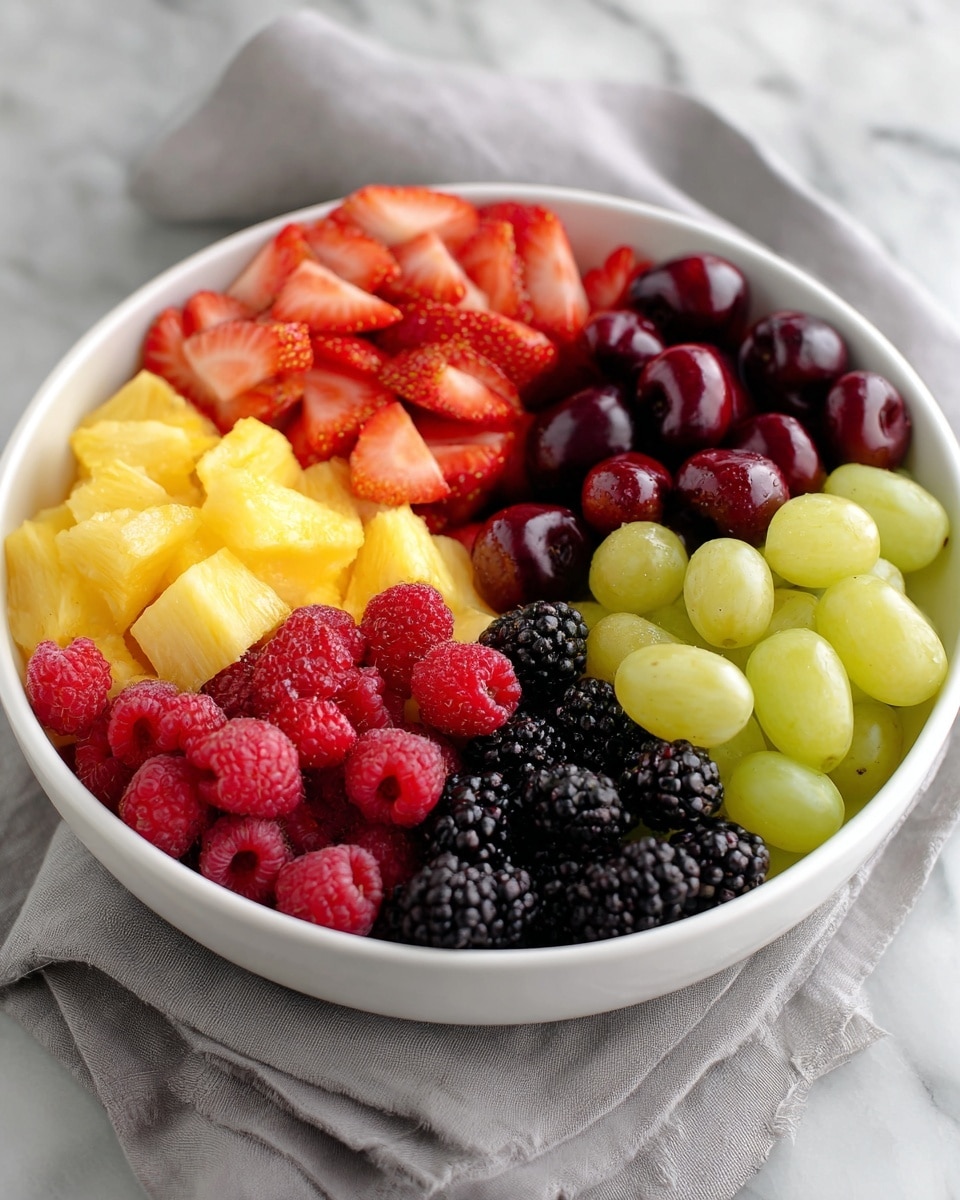 A white bowl holds six sections of fresh fruit neatly arranged inside. Starting from the top, there are bright red strawberry halves with a shiny, juicy texture, followed clockwise by golden yellow pineapple chunks that look soft and sweet. Next is a cluster of dark purple cherries, glossy and round, some showing their hollow centers. Moving on, vibrant red raspberries with a soft, bumpy surface fill the next section. Beside the raspberries are blackberries, deep black-purple in color, with tiny clustered drupelets making a rough texture. Lastly, a group of light green grapes, smooth and oval-shaped, completes the circle. The bowl sits on a white marbled surface with a grey linen cloth nearby. Photo taken with an iphone --ar 4:5 --v 7