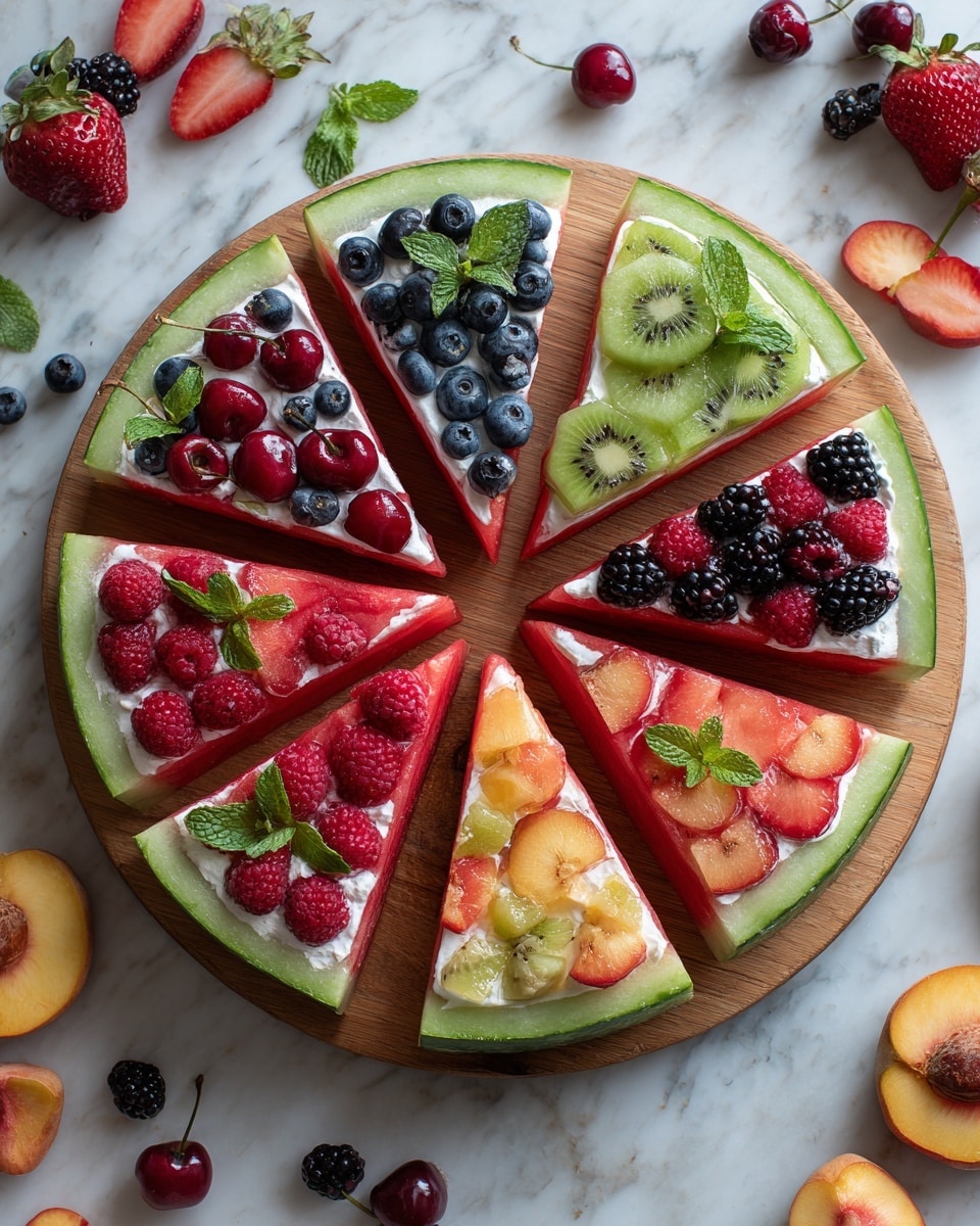There are eight slices of watermelon arranged in a circle on a round wooden board. Each slice has three layers: a thick green rind on the outer edge, a red juicy watermelon layer, and a white creamy layer on top of the red part. Each slice is decorated with various colorful fruits including blueberries, raspberries, cherries, blackberries, sliced kiwi, strawberries, and peach slices. Some slices also have small green mint leaves placed on the cream. Around the board, there are scattered whole and halved fruits on a white marbled surface. The photo was taken with an iphone --ar 4:5 --v 7