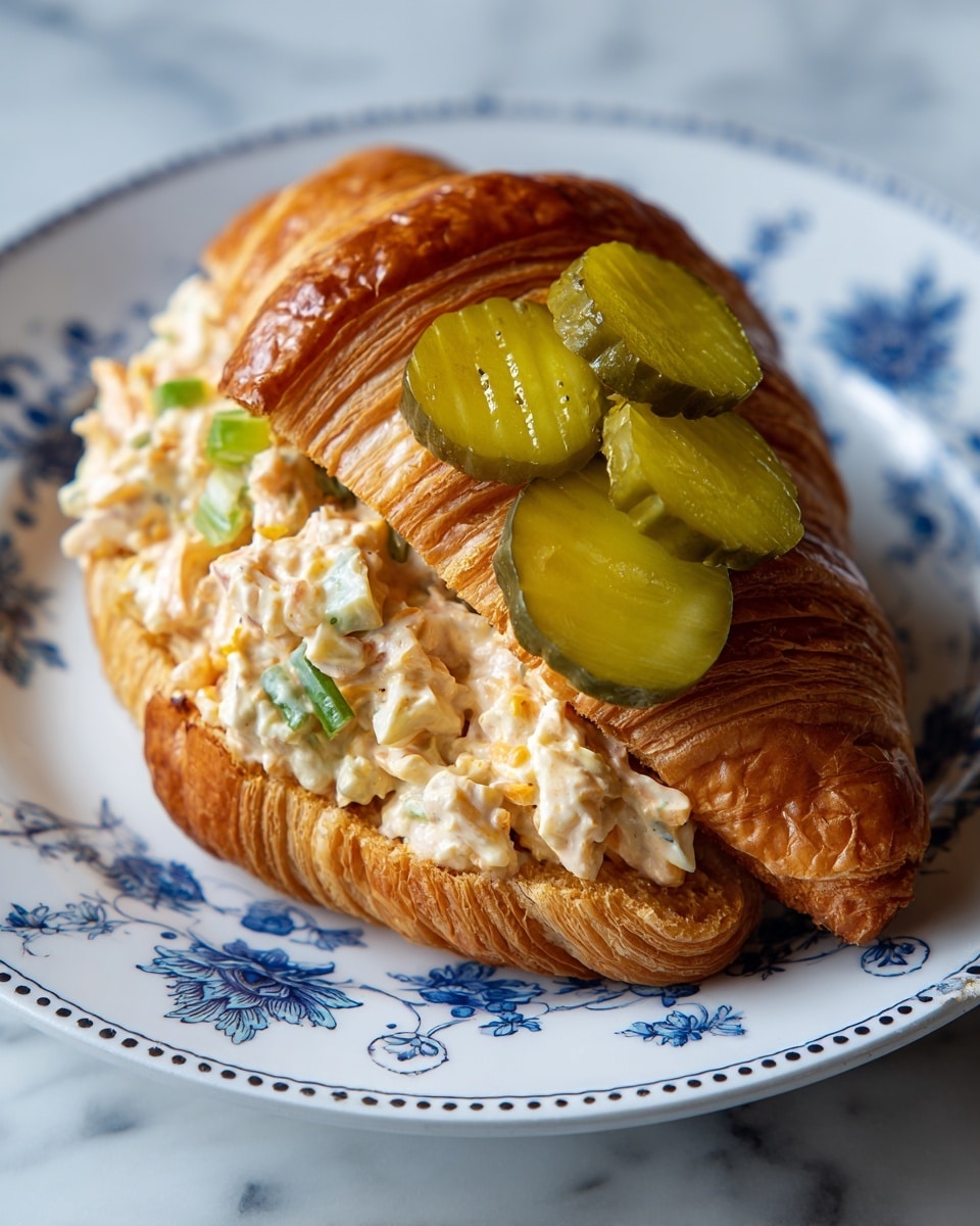 A croissant sandwich filled with a creamy mixture that has chunks of light orange and white pieces, along with green celery bits mixed in. On top of the filling, there are three thick, crinkle-cut pickle slices placed on the right side inside the croissant. The croissant is golden brown and flaky, lying open on a white plate with blue floral and dotted designs. The background is a white marbled surface. photo taken with an iphone --ar 4:5 --v 7
