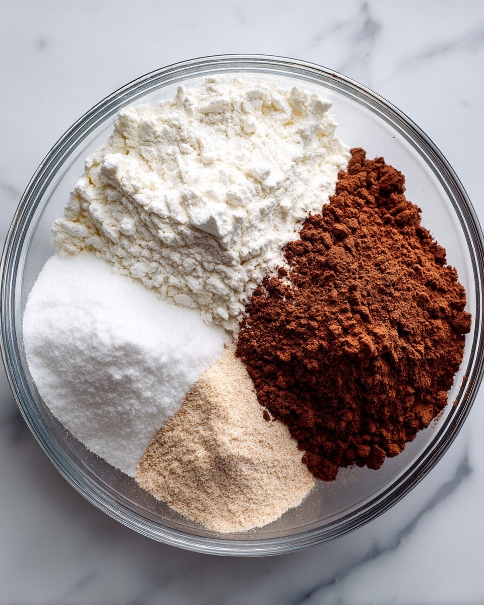 A clear round bowl sits on a white marbled surface filled with four separate piles of dry ingredients. On the left is a large pile of white flour with a soft powdery texture. Below it is bright white powdered sugar, very fine and smooth. To the right is a large pile of brown cocoa powder, dry and crumbly. Between the flour and cocoa powder is a small pile of light tan baking powder or baking soda. The ingredients are arranged side by side, each layer distinct in color and texture. Photo taken with an iphone --ar 4:5 --v 7