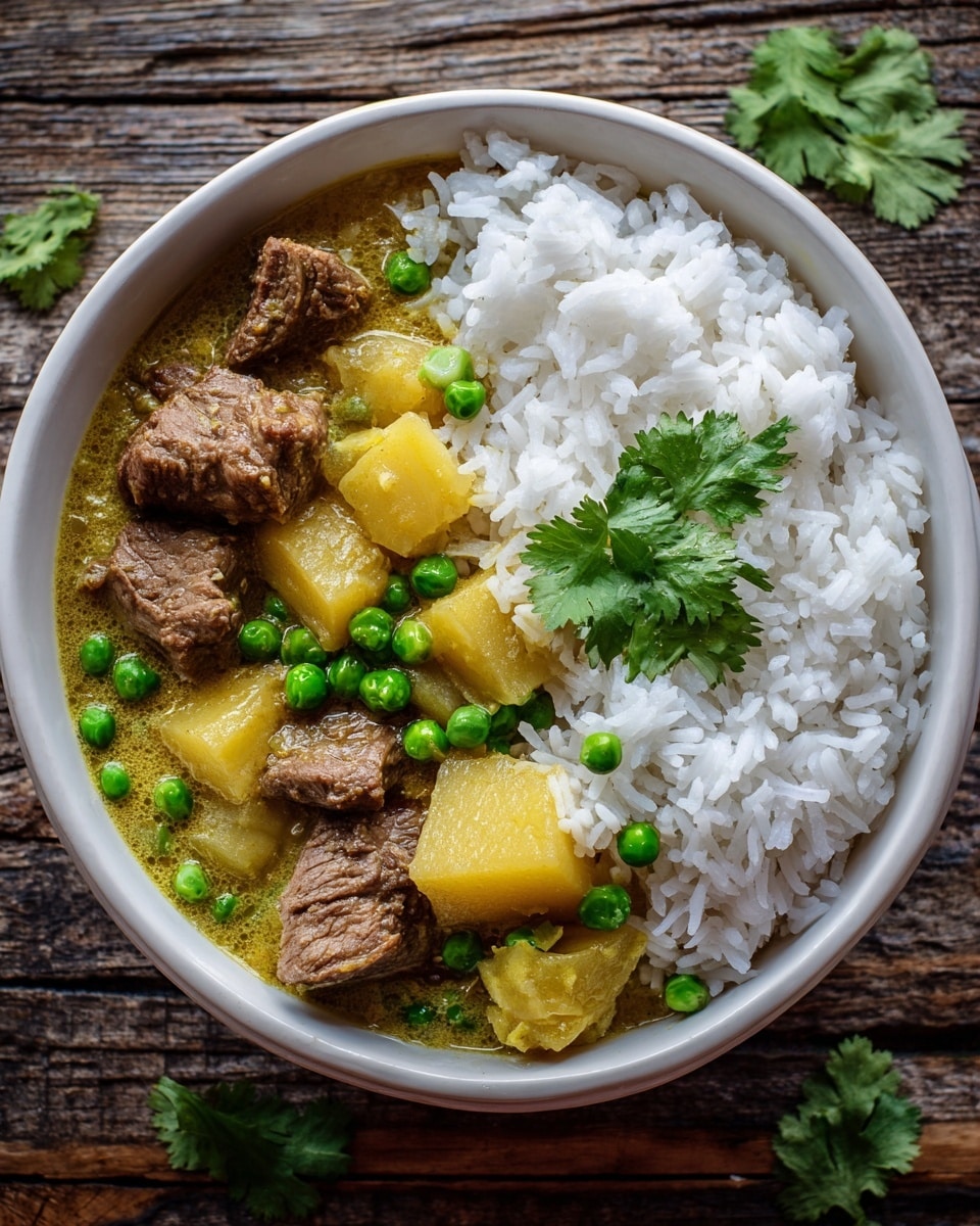 A white bowl contains two main layers: on the right side, there is a thick layer of white rice with visible fluffy grains, topped with a small green cilantro leaf; on the left side, there is a layer of green curry made of brown beef chunks, light yellow pieces of potato, and bright green peas scattered on top, with a few more cilantro leaves placed on the curry and around the bowl on a rustic wooden table. photo taken with an iphone --ar 4:5 --v 7