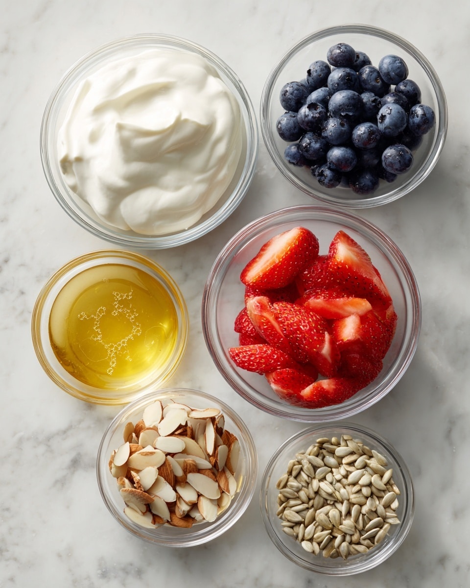 The image shows six clear glass bowls arranged on a white marbled surface. The largest bowl at the back left is filled with thick white yogurt that looks creamy and smooth. To its right is a medium bowl with round dark blue blueberries with a slight frosty shine. In front of the blueberries is another medium bowl filled with thinly sliced bright red strawberries, showing their white centers. In front of the yogurt is a small bowl with a golden yellow liquid, likely honey, with small bubbles on its surface. To the left side is a small bowl containing thinly sliced light brown almonds with bits of skin still on them. On the far right is a small bowl filled with pale beige sunflower seeds, showing their oval shape and rough texture. All bowls are placed on a white marbled surface that contrasts gently with the food colors. photo taken with an iphone --ar 4:5 --v 7