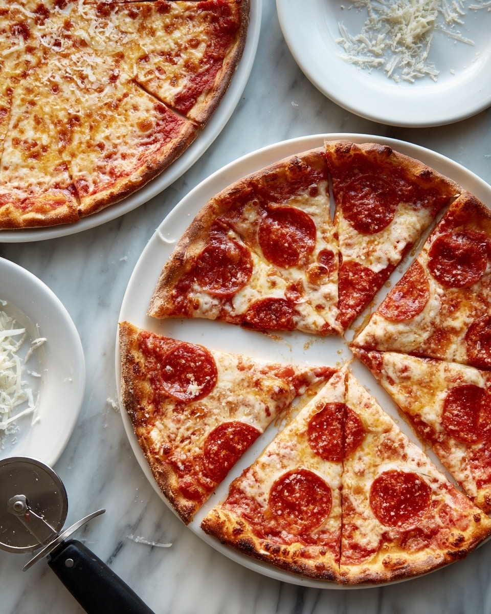 Two pizzas are on white round plates on a white marbled surface. The closest pizza is sliced into eight pieces with six slices still on the plate and two slices missing; it has a thin crust with one large pepperoni slice on most pieces, melted cheese, and bright red tomato sauce under the cheese. The second pizza, partially shown at the top left, is plain cheese with a golden melted cheese layer and tomato sauce underneath, also sliced. Small bits of shredded cheese are scattered on the table. A black pizza cutter with a silver top is at the bottom left. photo taken with an iphone --ar 4:5 --v 7