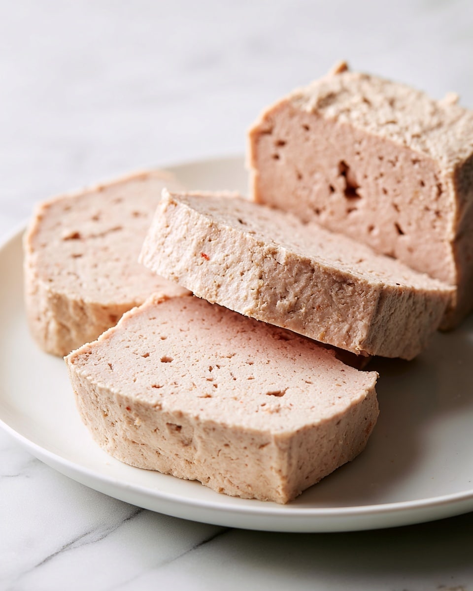 The image shows four slices of a pale pink, dense meat loaf arranged on a white plate, placed on a white marbled surface. Each slice has a rough texture with small air holes and some light brown seasoning spots, giving a slightly uneven, soft look. The two slices at the back are standing on their sides, showing a thicker edge, while the two slices in front lie flat, revealing a smooth round shape and consistent texture. The lighting is bright and even, highlighting the pale color and texture of the meat loaf slices. Photo taken with an iphone --ar 4:5 --v 7