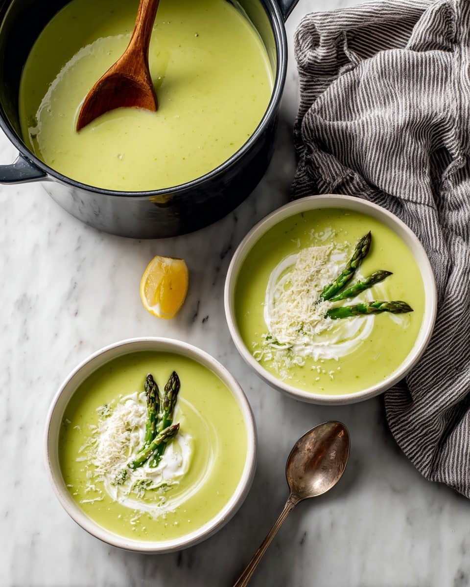 Two smooth pale green soups are served in white bowls placed on a white marbled surface. Each bowl has a swirl of white cream on one side topped with three small green asparagus tips and some grated white cheese around the cream. A lemon wedge sits near the bowls on the surface. Behind the bowls, a black pot filled with the same pale green soup has a wooden spoon resting inside. A gray and white striped cloth is casually draped next to the pot. photo taken with an iphone --ar 4:5 --v 7