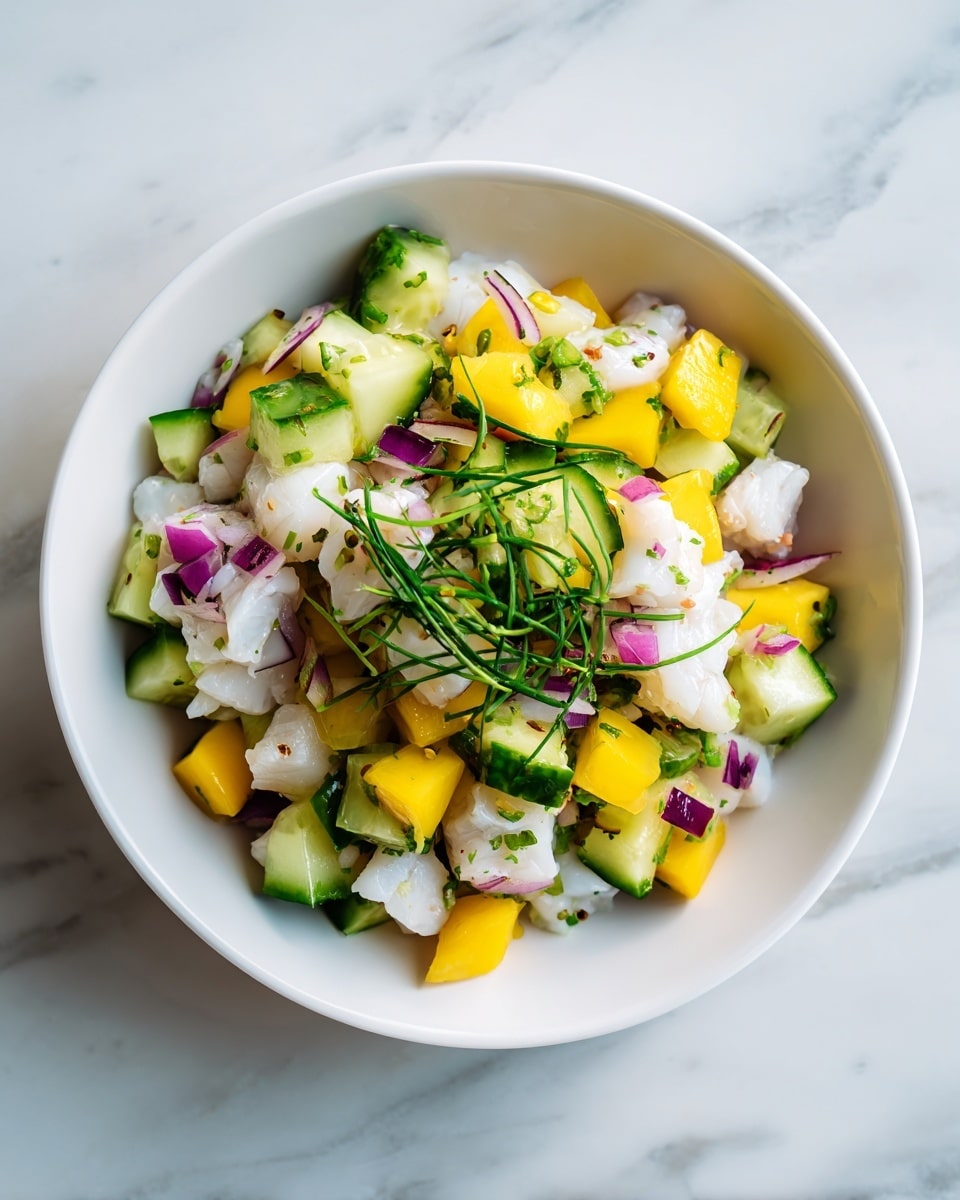 A white textured bowl filled with a fresh layered salad sits on a white marbled textured surface. The bottom layer has small light beige pieces of fish or chicken, mixed with bright yellow chunks of mango and green cucumber slices. On top, there are thin strips of dark green leafy herbs and small bits of finely chopped red onions adding a pop of purple color. The mix looks vibrant and fresh with various textures showing from soft to crunchy. Photo taken with an iphone --ar 4:5 --v 7
