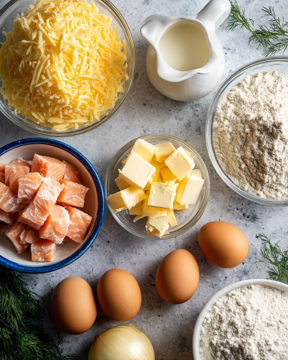 The image shows several ingredients placed on a gray rough surface. There is a clear glass bowl with shredded yellow cheese at the top left, next to a small white jug filled with a light cream sauce in the center top. To the right of the jug, there is a clear glass bowl filled with a mound of light brown flour. Below the cheese, on the left side, there is a white bowl with a blue rim filled with large pieces of light pink cooked salmon. At the bottom center, a clear glass bowl contains yellow cubes of butter. Three brown eggs are placed in a loose cluster near the center right, with some green dill sprigs below them. At the bottom left corner, there is a whole yellow onion. The background is a white marbled texture. Photo taken with an iphone --ar 4:5 --v 7
