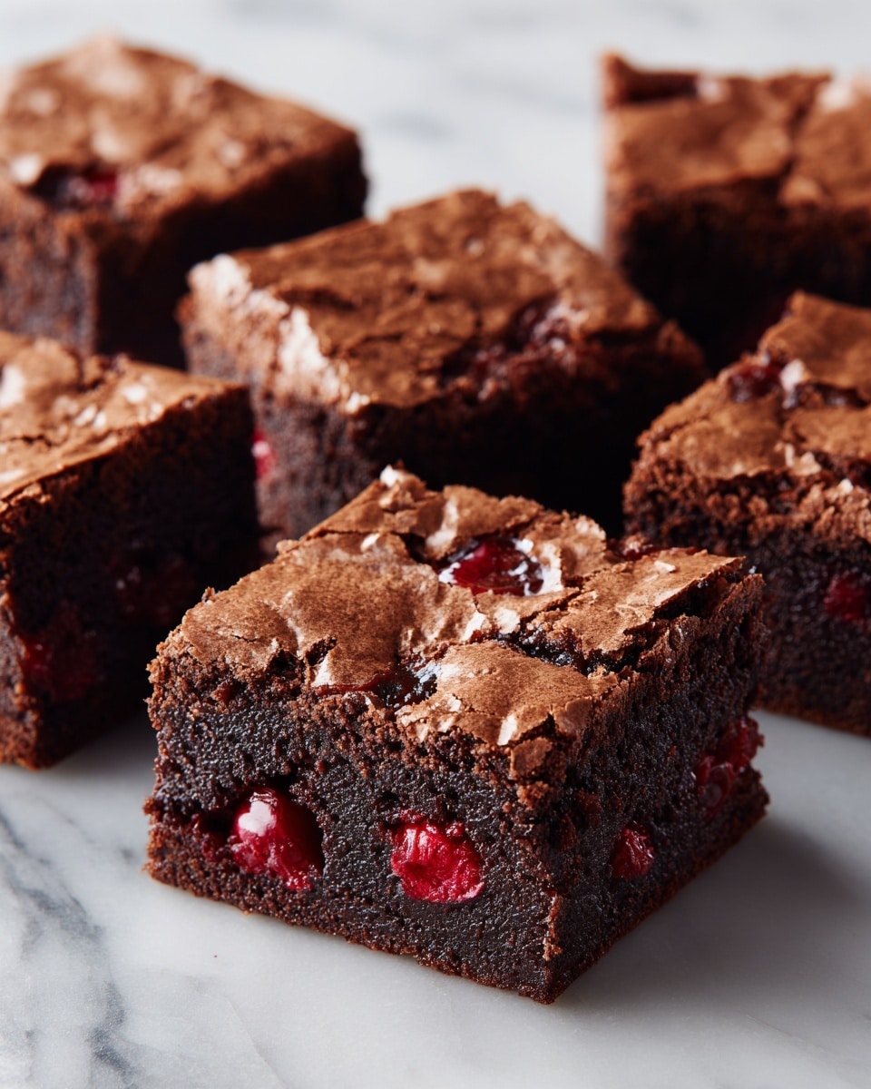 The image shows several thick, square pieces of chocolate brownies arranged closely on a white marbled surface. The brownies have a dark brown, slightly shiny top layer that looks soft and dense with tiny cracks and creases. Red cherry pieces are embedded in the brownies, visible mainly at the edges and corners, adding a bright contrast. The pieces are cut in neat squares with visible crumbly edges, showing a moist inside texture. photo taken with an iphone --ar 4:5 --v 7