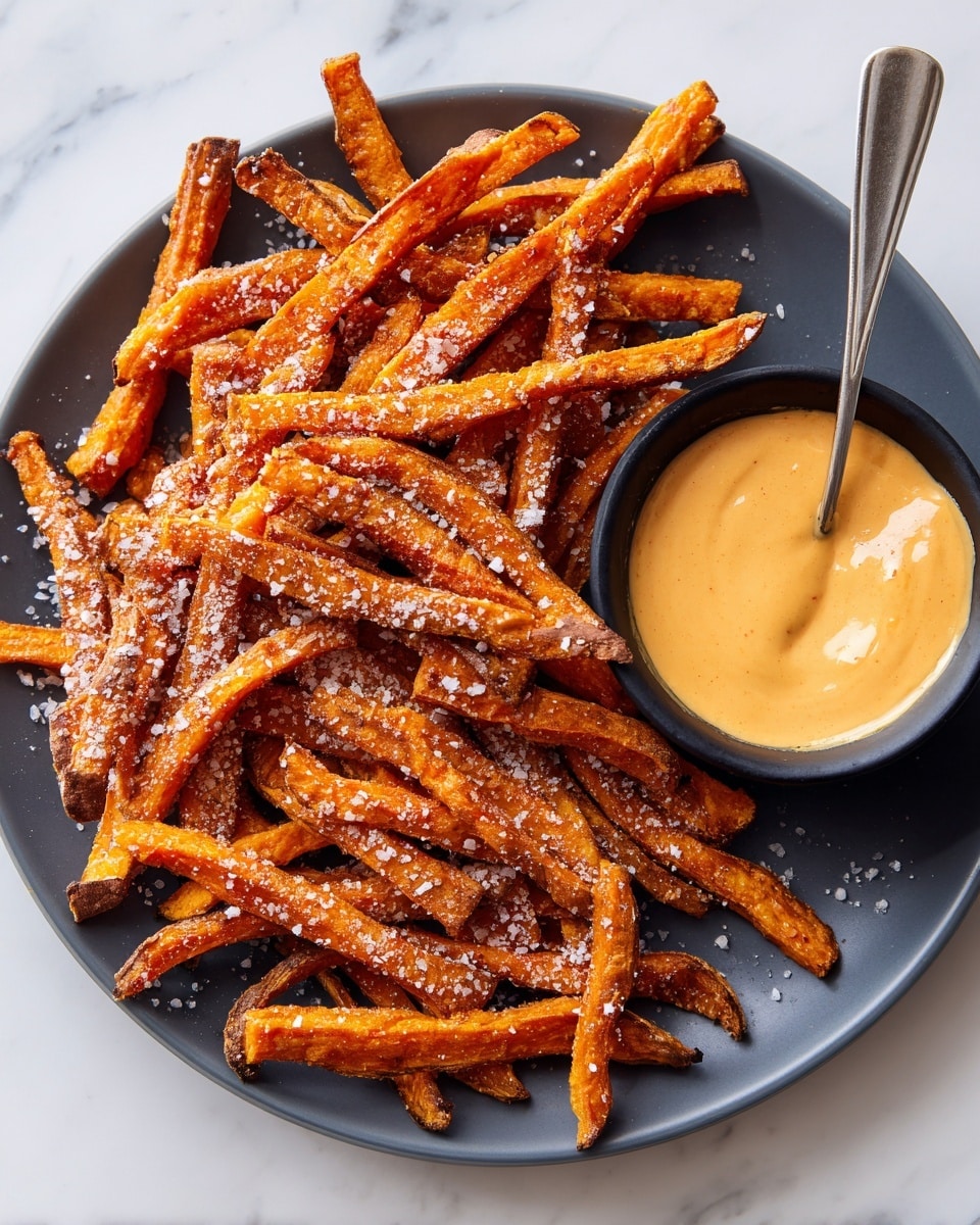 A dark grey plate holds a pile of crinkled sweet potato fries, each fry showing a deep orange color with a rough texture and sprinkled with coarse salt. On the right side of the plate, there is a small black bowl filled with a creamy, light orange dipping sauce that has a smooth texture, and a silver spoon resting inside it. The plate is placed on a white marbled surface, creating a clean and simple background. Photo taken with an iphone --ar 4:5 --v 7