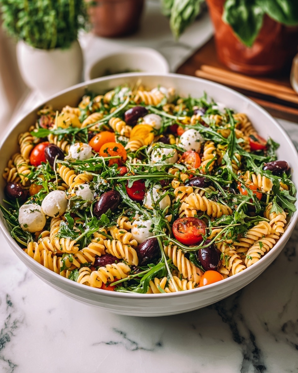 A large white bowl filled with a colorful pasta salad sits on a white marbled surface. The salad has several layers: the bottom layer is light yellow spiral pasta covered lightly with green leafy arugula and small green sprouts scattered on top. Mixed in between are halved cherry tomatoes in red and orange, small white mozzarella balls, dark brown olives, and small pieces of herbs. The salad looks fresh with a mix of soft, smooth, shiny, and leafy textures. In the background, some blurry objects and a potted plant can be seen. Photo taken with an iphone --ar 4:5 --v 7