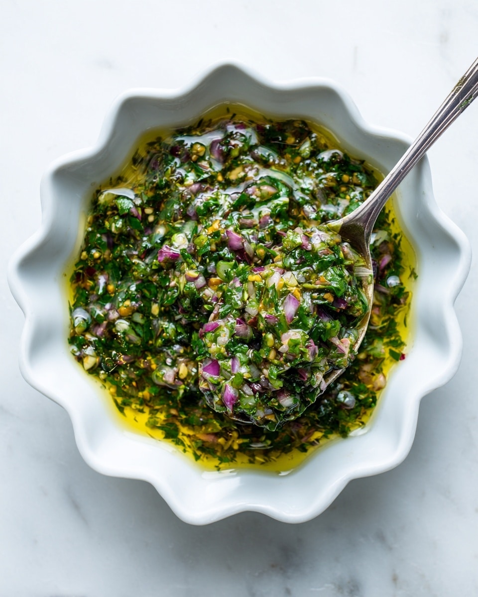 A white scalloped bowl filled with a fresh green sauce made of finely chopped herbs and small pieces of red onion mixed in a shiny olive oil base, giving the sauce a moist, slightly oily texture. A spoon inside the bowl lifts some of the sauce, showing the mix of green, purple, white, and yellow colors with tiny bits visible, all held together by the glossy olive oil. The bowl sits on a white marbled surface, creating a clean and bright background. photo taken with an iphone --ar 4:5 --v 7