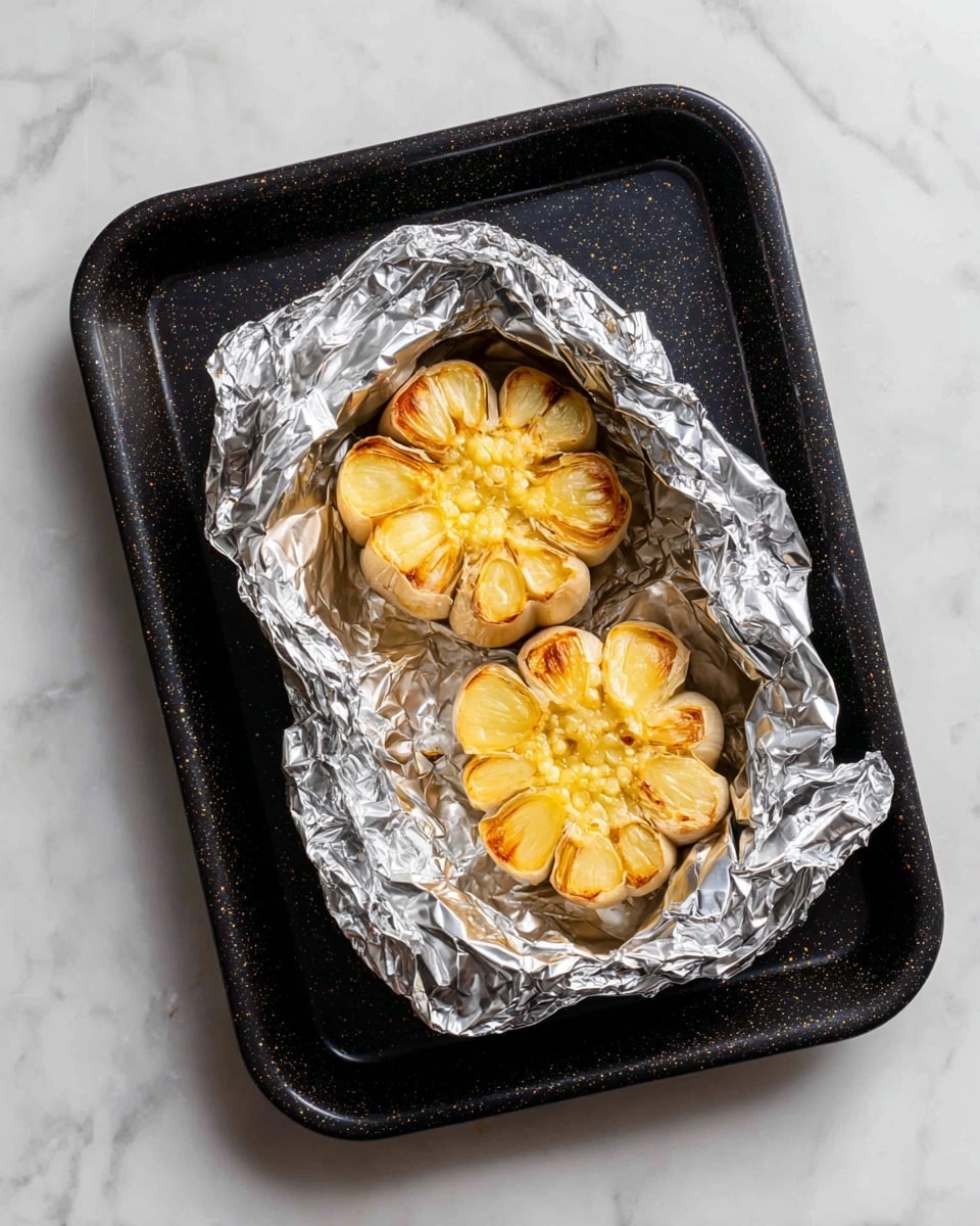 A black speckled baking tray sits on a white marbled surface, holding a piece of crumpled aluminum foil in the center. Inside the foil, there are two halves of roasted garlic heads with their tops sliced off, showing soft, golden-yellow cloves inside. The garlic looks tender and slightly caramelized, with a light sheen from roasting. The foil crinkles around the garlic, reflecting light and giving a textured look. Photo taken with an iphone --ar 4:5 --v 7