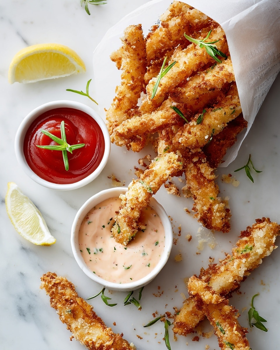 The image shows a white newspaper cone filled with golden crispy fried strips, with more strips scattered around on a white marbled surface. Nearby, there is a small white bowl filled with a thick, creamy pale sauce sprinkled with green herbs, one strip dipped inside it. To the left, another small white bowl contains bright red ketchup, garnished with a green herb sprig. There are also a few slices of lemon near the top left and right edges. Small green herb leaves are scattered across the surface for decoration. photo taken with an iphone --ar 4:5 --v 7
