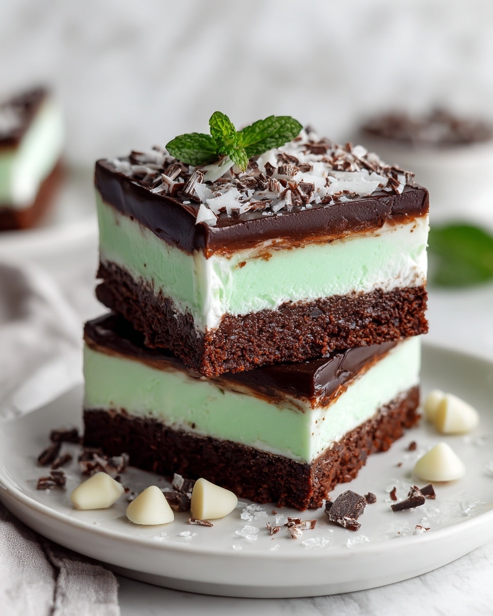 Two square pieces of dessert are stacked on a white plate with white and dark chocolate pieces scattered around. Each piece has three layers: the bottom layer is dark brown and looks moist and dense like chocolate cake, the middle layer is bright mint green and smooth like a cream, and the top layer is a thin dark brown chocolate ganache topped with chopped white and dark chocolate bits. The background is white with a soft marbled texture. photo taken with an iphone --ar 4:5 --v 7
