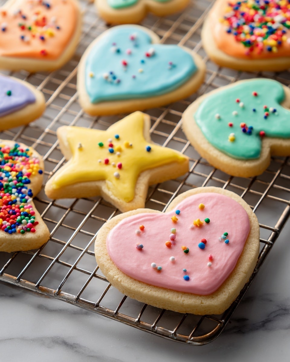 The image shows several sugar cookies with different shapes including heart, star, and scalloped round shapes, all placed on a metal cooling rack over a white marbled surface. Each cookie has one main layer of light brown baked dough topped with a smooth layer of pastel-colored icing in soft blue, pale yellow, or light pink. On top of the icing are small, round, multicolored sprinkles scattered across each cookie, adding bright pops of red, blue, green, orange, yellow, and purple. The cookies are slightly thick with a soft texture and the icing layers appear glossy and evenly spread. Photo taken with an iphone --ar 4:5 --v 7