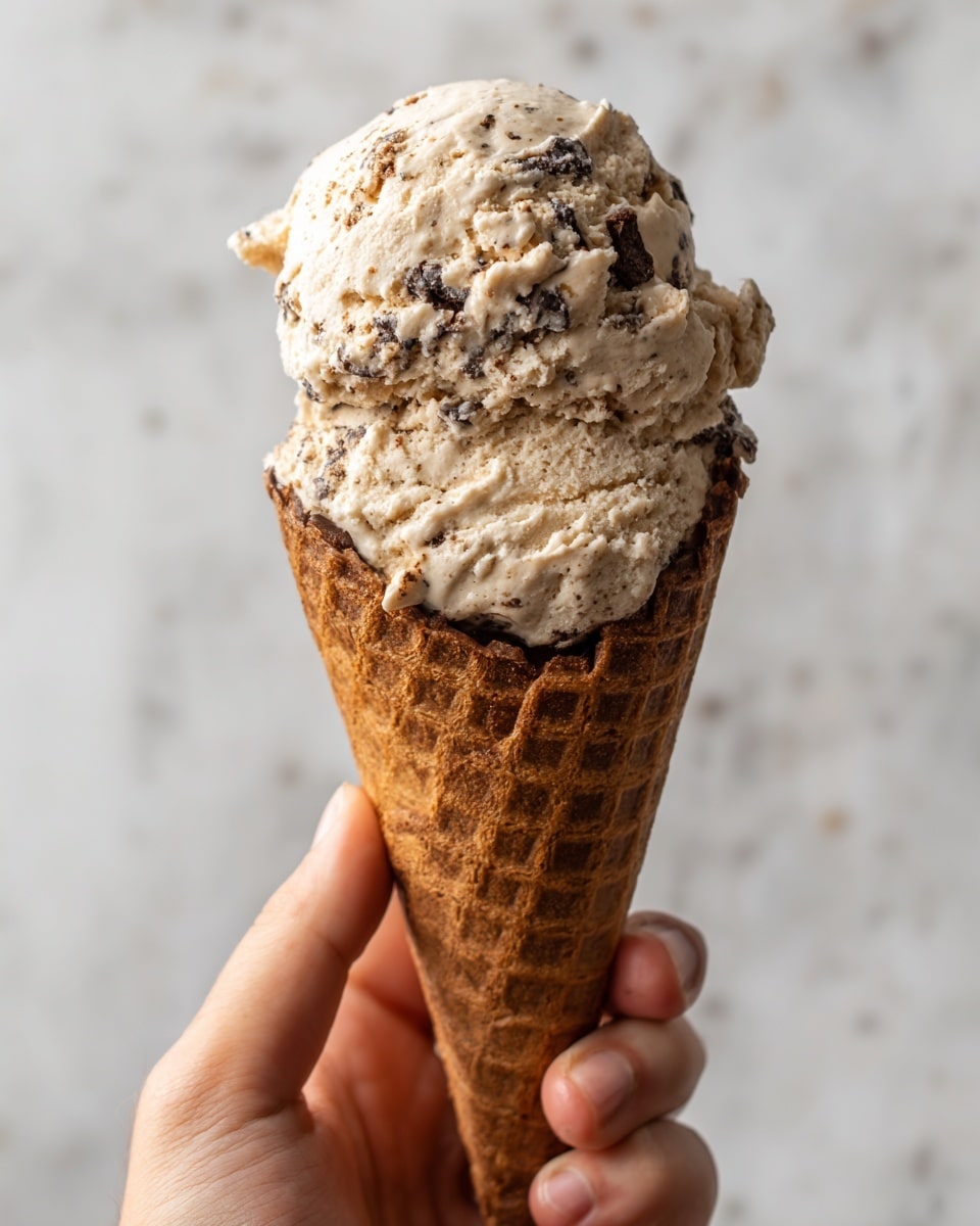 A close-up of a man's hand holding a dark chocolate waffle cone filled with a large scoop of ice cream that has a creamy light brown color mixed with dark brown swirls and chunks throughout. The ice cream scoop looks textured and slightly rough, with irregular shapes and soft edges. The background is a simple white marbled texture, focusing attention on the ice cream cone. photo taken with an iphone --ar 4:5 --v 7