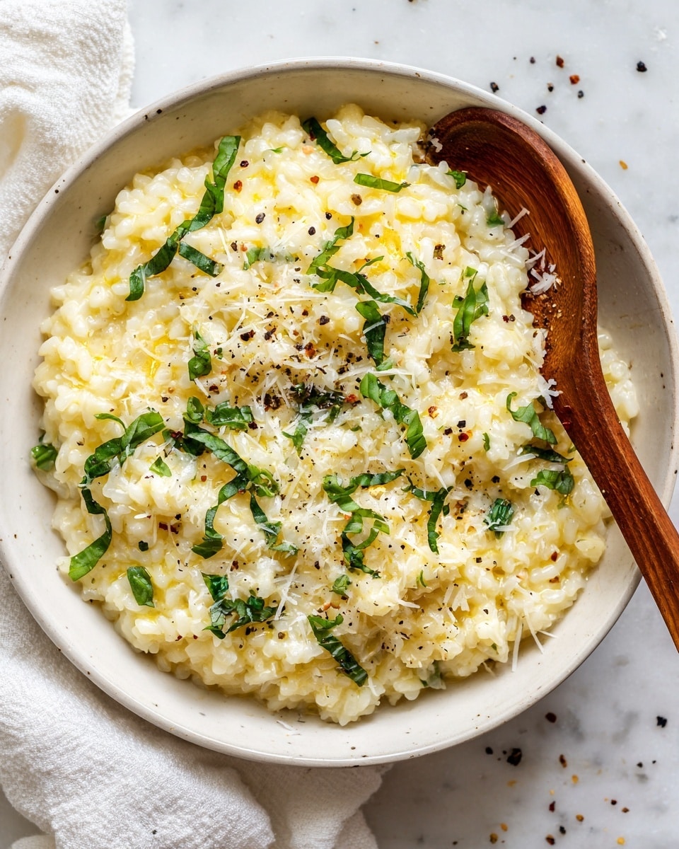 This image shows a close-up of creamy risotto in a white bowl with a wooden spoon on the right side. The risotto is light yellow and looks soft and fluffy, with finely grated white cheese sprinkled on top. Green fresh herbs like basil or parsley are scattered throughout the dish, adding a touch of bright green color. There are small black pepper specks visible on the surface. The bowl sits on a white marbled surface with a white cloth nearby. Photo taken with an iphone --ar 4:5 --v 7