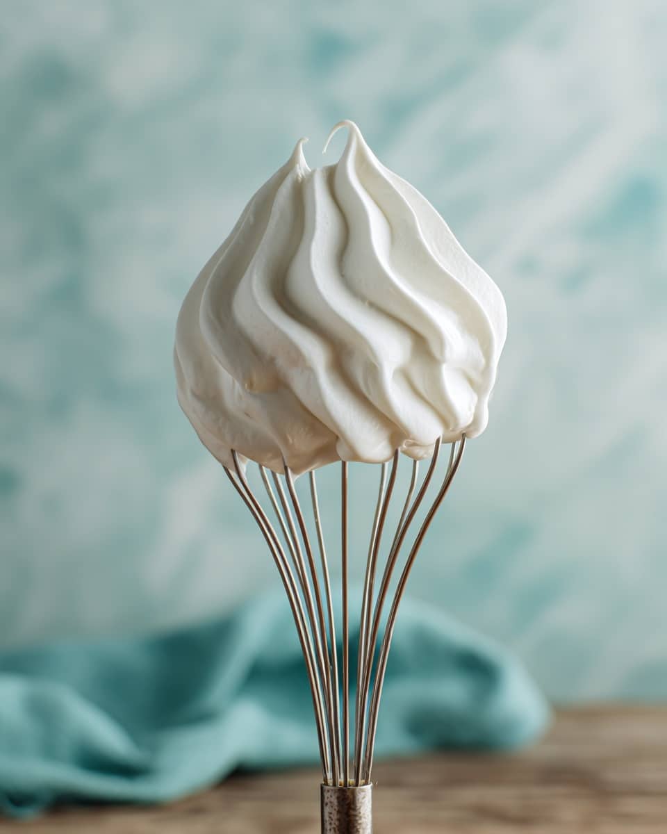 A close-up image of a metal whisk head covered with a thick layer of smooth, white whipped cream, shaped like a soft peak with gentle textured swirls on its surface, standing upright on a wooden table with a teal cloth slightly visible to the side; the background has a soft focus with a white marbled texture. photo taken with an iphone --ar 4:5 --v 7