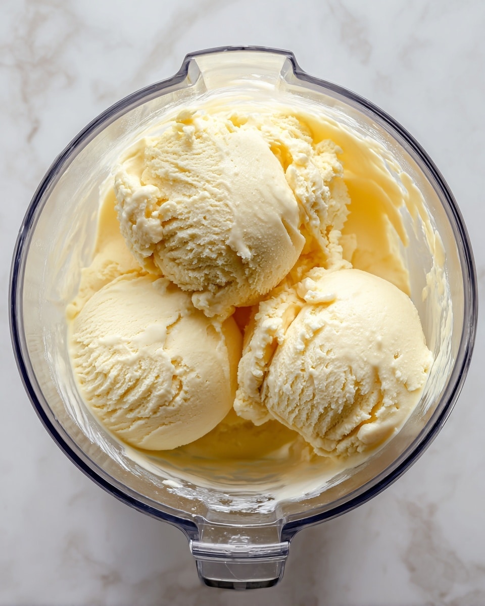 The image shows three large scoops of creamy, light yellow ice cream placed inside a clear blender container with smooth and soft texture. The container stands on a white marbled surface, and the ice cream looks frozen but easy to scoop with gentle curves and folds. The top view shows the ice cream filling most of the space inside the transparent container with no other visible layers or parts. photo taken with an iphone --ar 4:5 --v 7