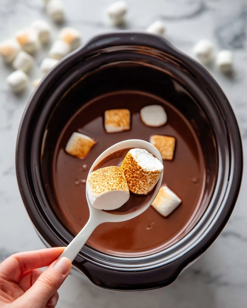 A close-up of a slow cooker filled with rich, smooth brown hot chocolate, with several toasted marshmallows floating on top. In the foreground, a white spoon holds two golden-brown toasted marshmallows with a soft white inside, partially submerged in the creamy brown liquid. A woman's hand is holding the spoon on the right side. The slow cooker is dark-colored with a shiny silver rim, and the background shows a white marbled texture with some white marshmallows scattered around. photo taken with an iphone --ar 4:5 --v 7