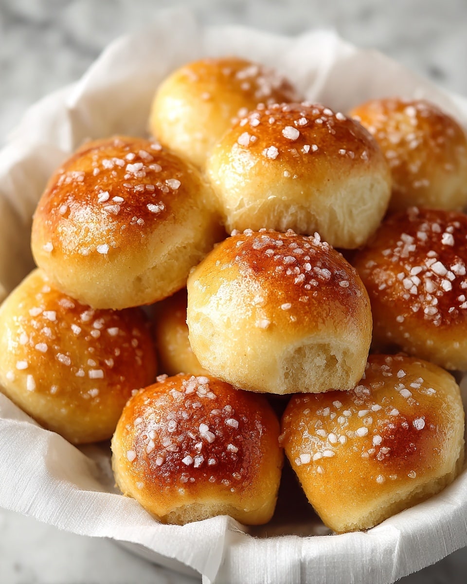 The image shows many small, soft golden-brown dough pieces arranged neatly in rows on a baking tray lined with white parchment paper. The dough pieces have a smooth, slightly shiny surface with a light crust on top. A woman's hand is sprinkling coarse, white salt crystals over the dough pieces, adding texture and contrast. The baking tray sits on a surface with a white marbled texture. The light reflects softly on the dough and the salt, making the scene look fresh and appetizing photo taken with an iphone --ar 4:5 --v 7